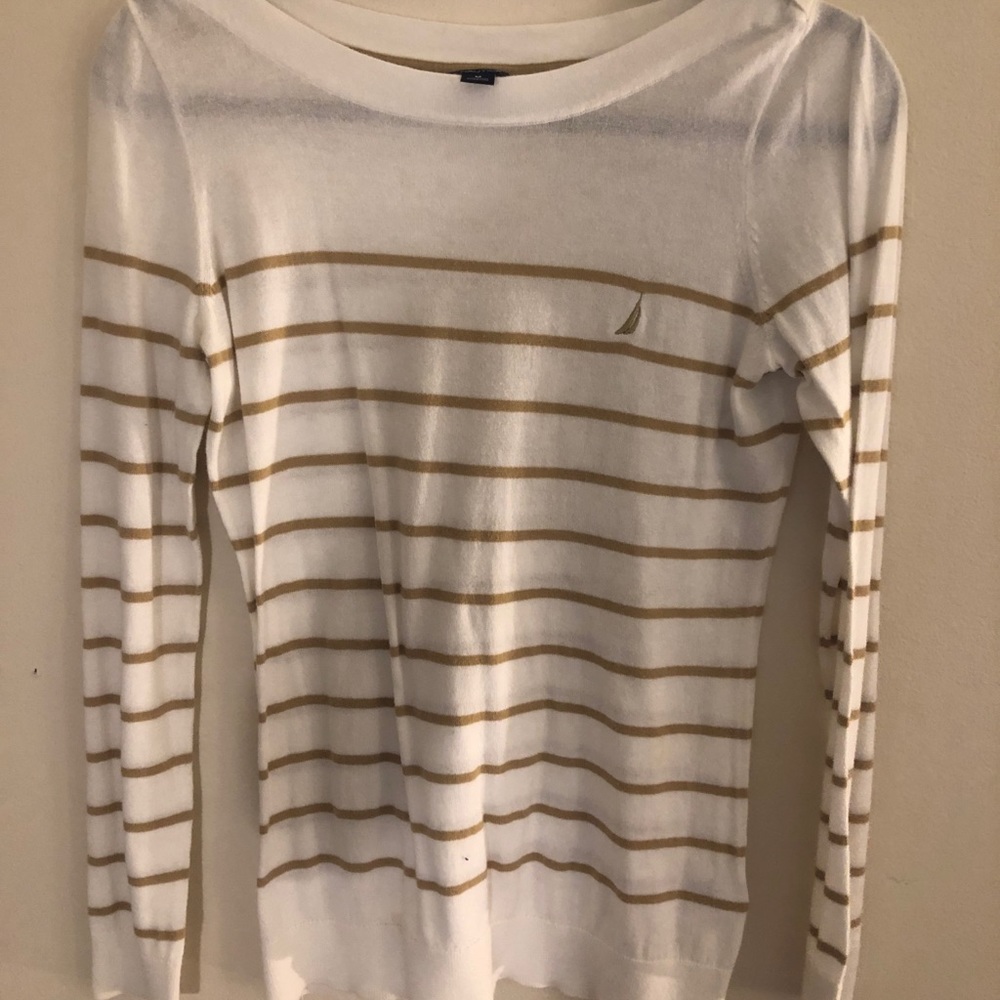 Nautica White and gold striped sweater